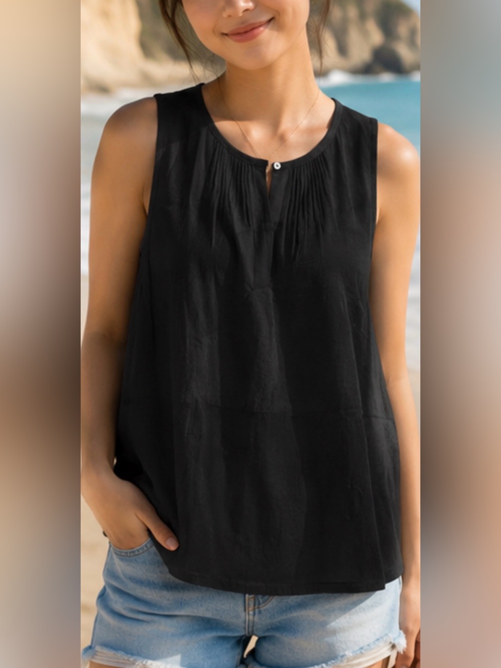 Madewell Black Sleeveless Pleated Keyhole Front Viscose Tank Lightweight Small